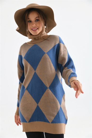 FTZ Women Kadın Baklava Desen Degaje Yaka Kazak  Bisküvi 21-6360