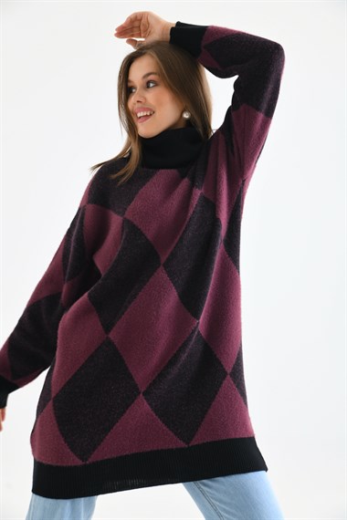 FTZ Women Kadın Baklava Desen Degaje Yaka Kazak  Siyah 21-6360