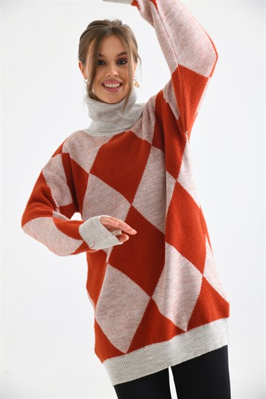 FTZ Women Kadın Baklava Desen Degaje Yaka Kazak  Taş 21-6360