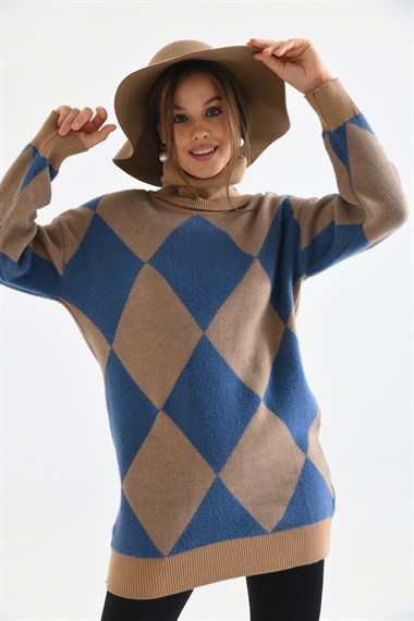 FTZ Women Kadın Baklava Desen Degaje Yaka Kazak  Bisküvi 21-6360