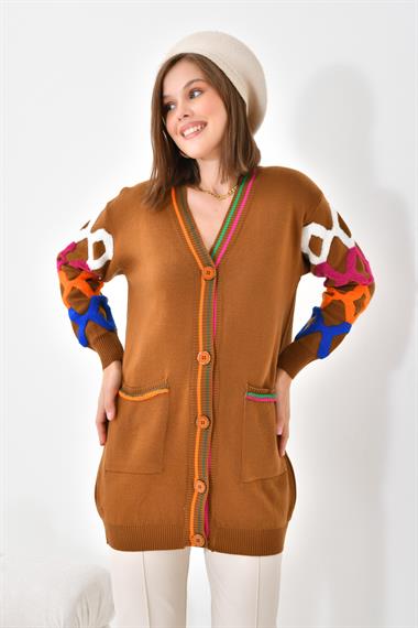 FTZ Women Kadın Baklava Desen Detaylı Hırka  Taba 20115