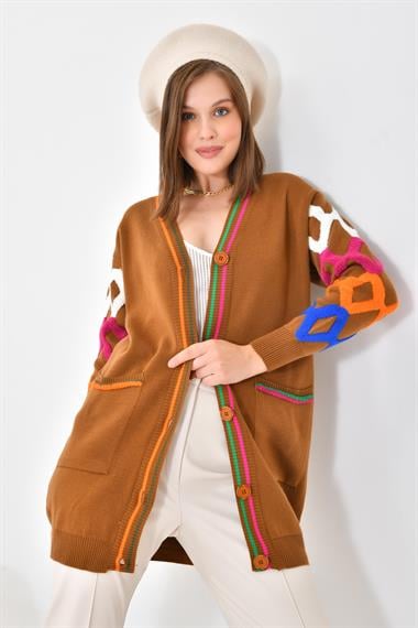 FTZ Women Kadın Baklava Desen Detaylı Hırka  Taba 20115