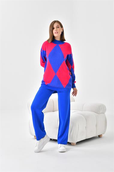 FTZ Women Kadın Baklava Desen Detaylı İkili Takım  Saks Mavi 20466
