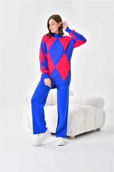 FTZ Women Kadın Baklava Desen Detaylı İkili Takım  Saks Mavi 20466