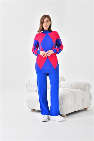 FTZ Women Kadın Baklava Desen Detaylı İkili Takım  Saks Mavi 20466