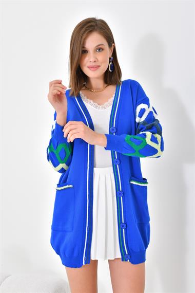 FTZ Women Kadın Baklava Desen Detaylı Hırka  Saks Mavi 20115
