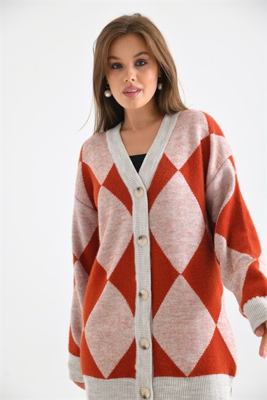 FTZ Women Kadın Baklava Desen Düğme Detay Hırka  Taş 21-6359