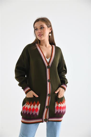 FTZ Women Kadın Baklava Desen Hırka  Haki 21-6299