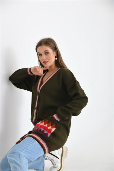 FTZ Women Kadın Baklava Desen Hırka  Haki 21-6299
