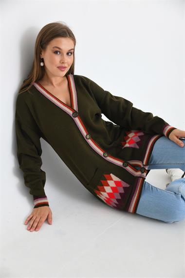 FTZ Women Kadın Baklava Desen Hırka  Haki 21-6299