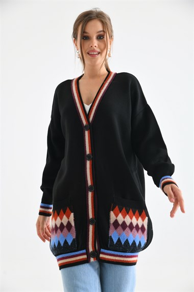 FTZ Women Kadın Baklava Desen Hırka  Siyah 21-6299