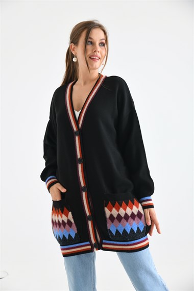 FTZ Women Kadın Baklava Desen Hırka  Siyah 21-6299