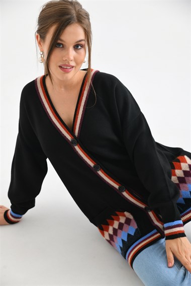 FTZ Women Kadın Baklava Desen Hırka  Siyah 21-6299