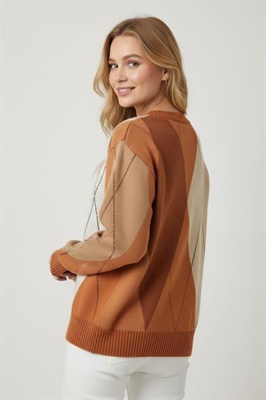 FTZ Women Kadın Baklava Desenli Kazak  Kiremit 25094