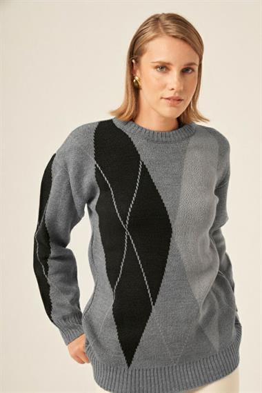 FTZ Women Kadın Baklava Desenli Kazak  Gri 25094