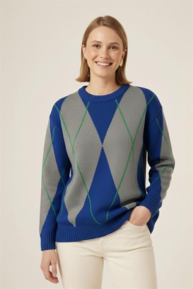 FTZ Women Kadın Baklava Desenli Kazak  Saks Mavi 25094