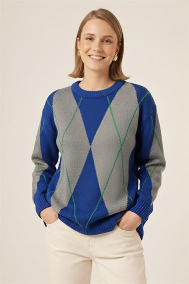 FTZ Women Kadın Baklava Desenli Kazak  Saks Mavi 25094