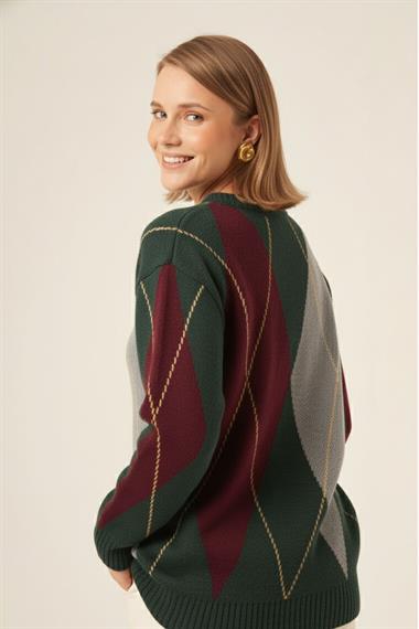 FTZ Women Kadın Baklava Desenli Kazak  Zümrüt 25094