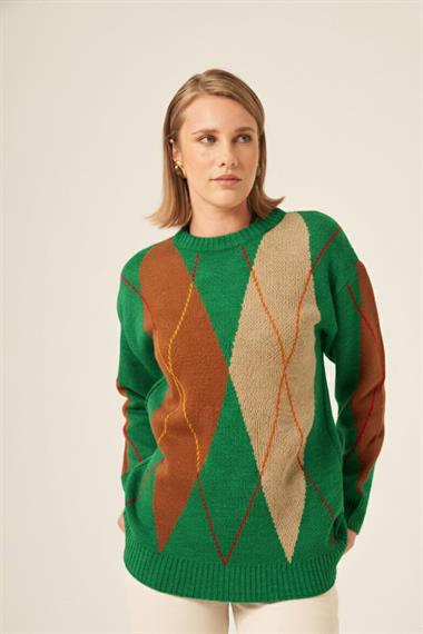 FTZ Women Kadın Baklava Desenli Kazak  Yeşil 25094