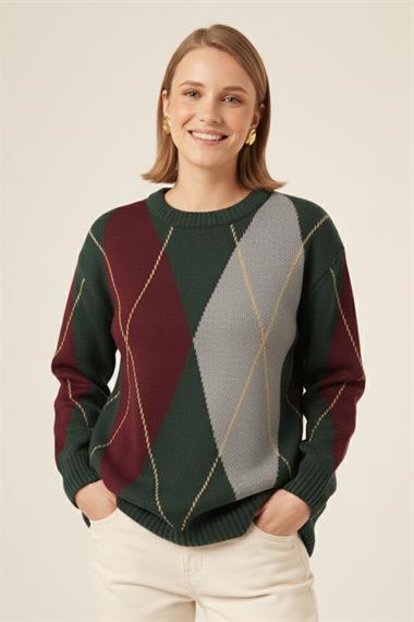 FTZ Women Kadın Baklava Desenli Kazak  Zümrüt 25094