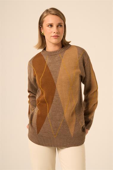 FTZ Women Kadın Baklava Desenli Kazak  Kahve 25094