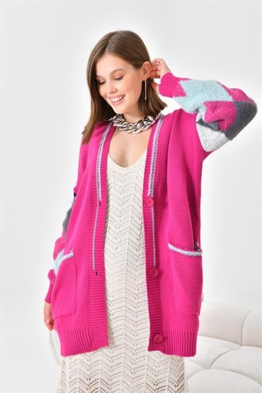 FTZ Women Kadın Baklava Detaylı Hırka  Fuşya 20003