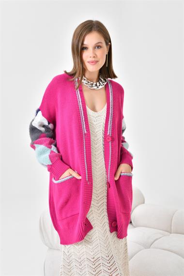 FTZ Women Kadın Baklava Detaylı Hırka  Fuşya 20003