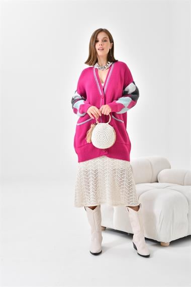 FTZ Women Kadın Baklava Detaylı Hırka  Fuşya 20003