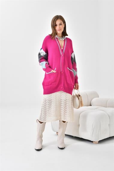 FTZ Women Kadın Baklava Detaylı Hırka  Fuşya 20003