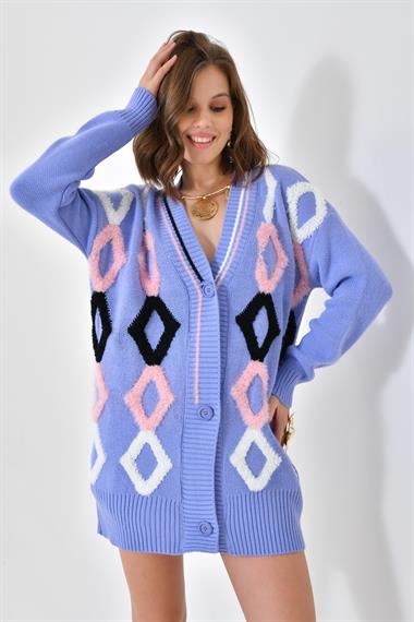 FTZ Women Kadın Baklava Havlu Detaylı Hırka  Lila 20591