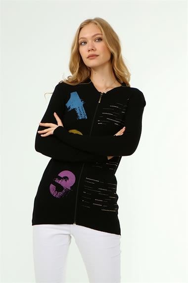 FTZ Women Kadın Baskı Taş Detaylı Hırka  Siyah 21-1342