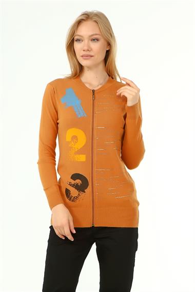 FTZ Women Kadın Baskı Taş Detaylı Hırka  Soğan 21-1342