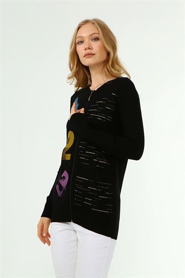 FTZ Women Kadın Baskı Taş Detaylı Hırka  Siyah 21-1342