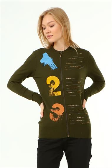 FTZ Women Kadın Baskı Taş Detaylı Hırka  Haki 21-1342