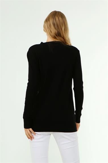 FTZ Women Kadın Baskı Taş Detaylı Hırka  Siyah 21-1342