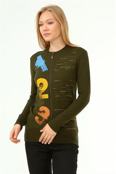 FTZ Women Kadın Baskı Taş Detaylı Hırka  Haki 21-1342