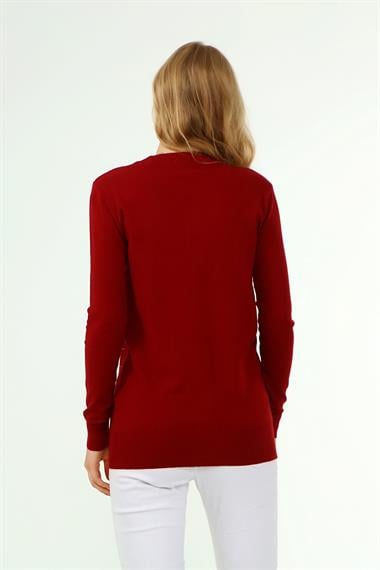 FTZ Women Kadın Baskı Taş Detaylı Hırka  Bordo 21-1342