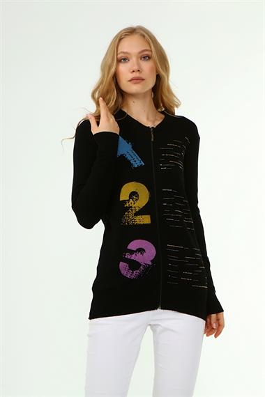 FTZ Women Kadın Baskı Taş Detaylı Hırka  Siyah 21-1342