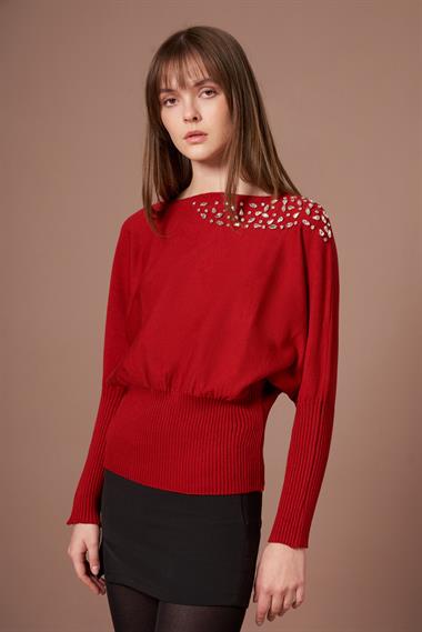 FTZ Women Kadın Beyoğlu İşlemeli Yarasa Kol Kazak  Kırmızı 25017