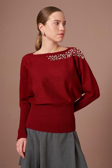 FTZ Women Kadın Beyoğlu İşlemeli Yarasa Kol Kazak  Bordo 25017