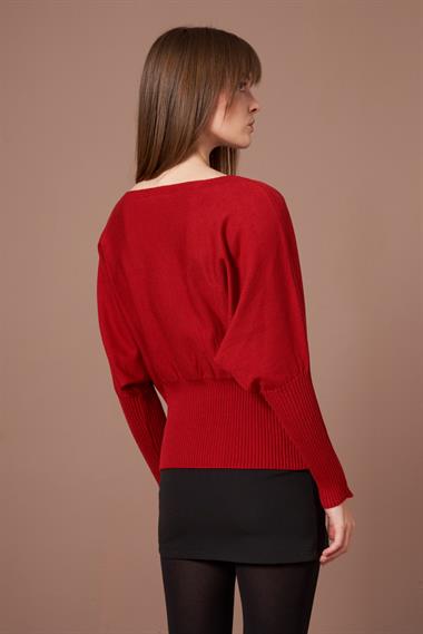 FTZ Women Kadın Beyoğlu İşlemeli Yarasa Kol Kazak  Kırmızı 25017