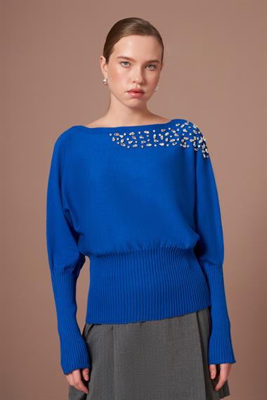 FTZ Women Kadın Beyoğlu İşlemeli Yarasa Kol Kazak  Saks Mavi 25017