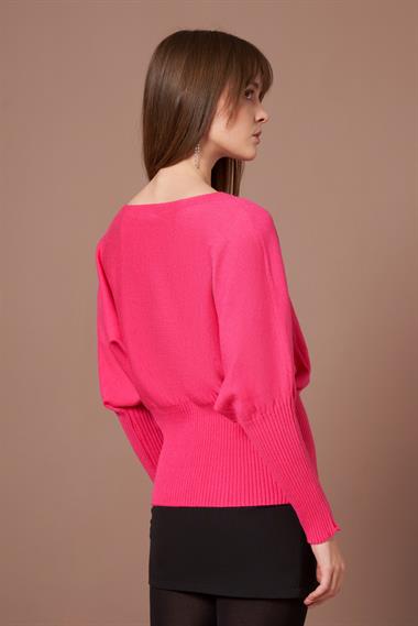 FTZ Women Kadın Beyoğlu İşlemeli Yarasa Kol Kazak  Fuşya 25017