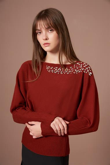 FTZ Women Kadın Beyoğlu İşlemeli Yarasa Kol Kazak  Kiremit 25017