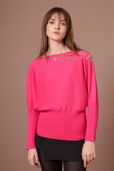 FTZ Women Kadın Beyoğlu İşlemeli Yarasa Kol Kazak  Fuşya 25017