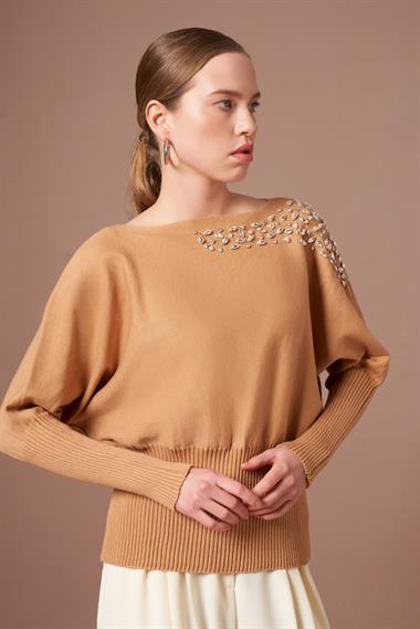 FTZ Women Kadın Beyoğlu İşlemeli Yarasa Kol Kazak  Bisküvi 25017