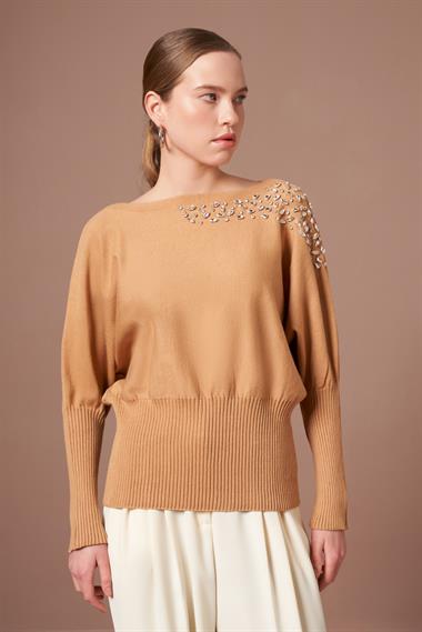 FTZ Women Kadın Beyoğlu İşlemeli Yarasa Kol Kazak  Bisküvi 25017