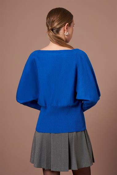 FTZ Women Kadın Beyoğlu İşlemeli Yarasa Kol Kazak  Saks Mavi 25017