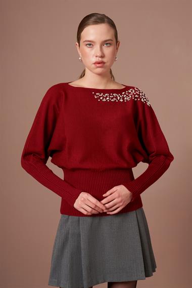 FTZ Women Kadın Beyoğlu İşlemeli Yarasa Kol Kazak  Bordo 25017