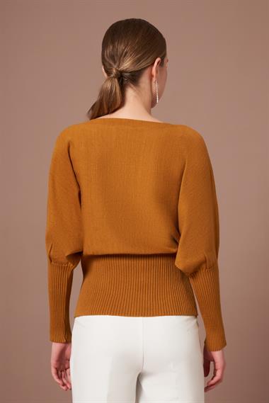 FTZ Women Kadın Beyoğlu İşlemeli Yarasa Kol Kazak  Hardal 25017